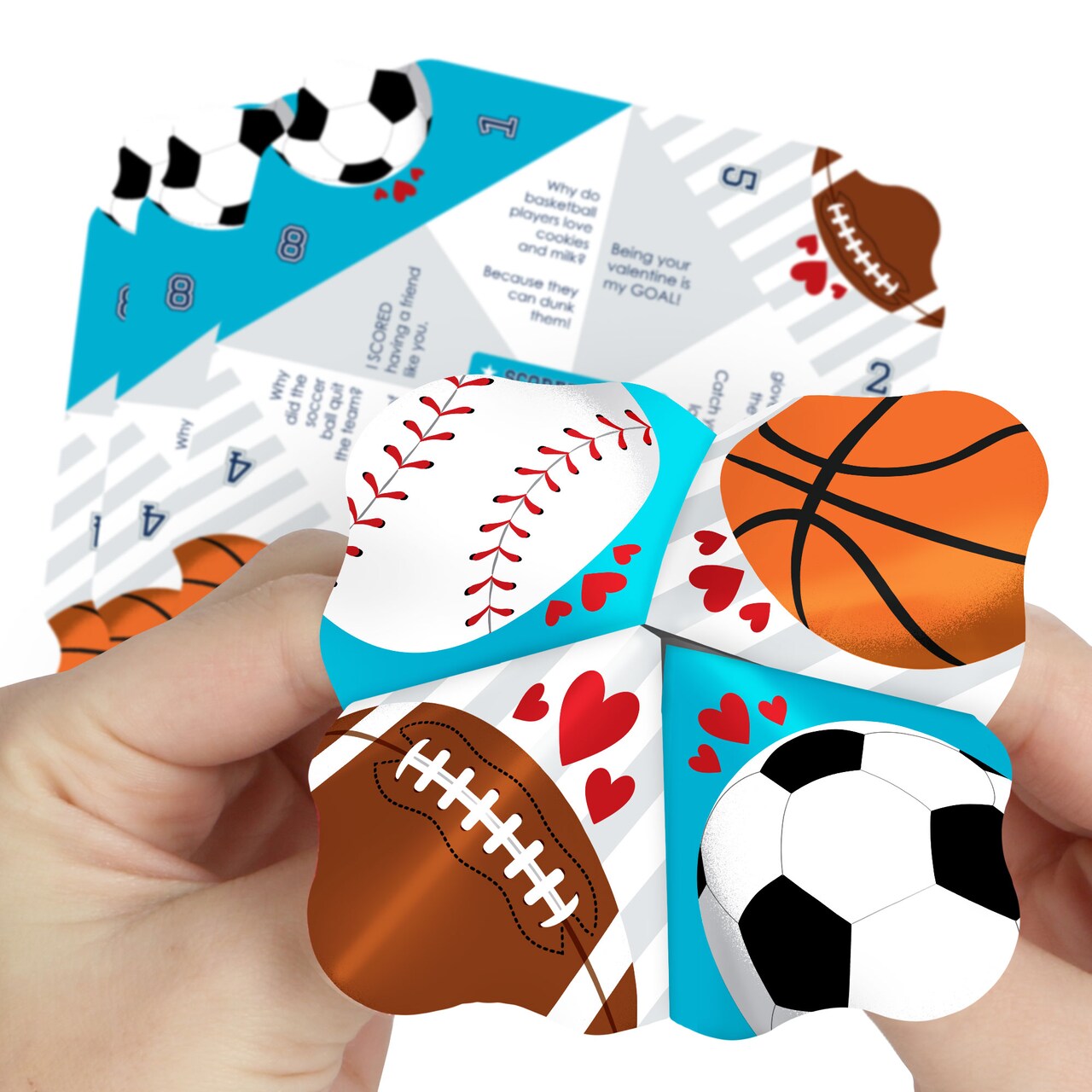 Big Dot of Happiness Go, Fight, Win - Sports - Valentine’s Day Party Cootie Catcher Game - Valentine Jokes for Kids Fortune Tellers - Set of 12